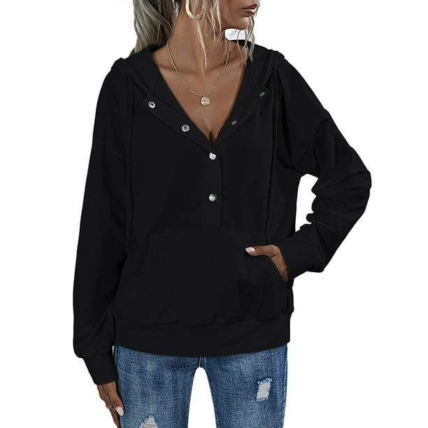 Womens Loose Plus Size Sweatshirt Solid Long Sleeve V-Neck Button Pullover Tops Shirt Navy 
